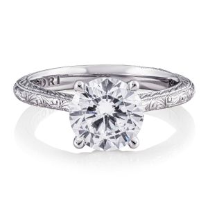 HT2671RD8SE top view, round brilliant center on a hand engraved white metal band with milgrain edges