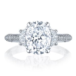 HT2689OV Platinum top view, oval center with crescent side diamonds and pave shoulders