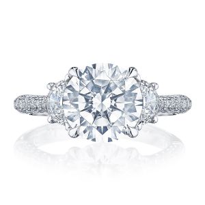 HT2689RD Platinum top view, round brilliant center stone flanked by half moon diamonds on a micro pave band