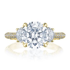 HT2689RD9Y top view, round brilliant center flanked by half moon diamonds on a yellow gold micro pave band