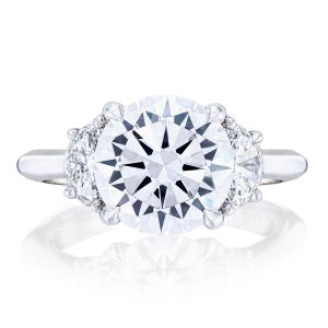 HT2690RD Platinum top view, round brilliant center flanked by half moon diamond side stones