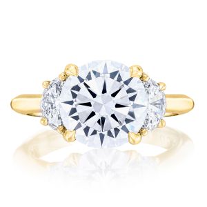 HT2690RD95Y top view, round brilliant center with half moon side diamonds in yellow gold