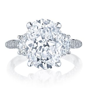 HT2691OV Platinum ring top view, oval center with half moon side diamonds and pave band