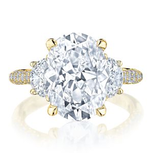 HT2691OV13x95Y top view, oval center with half moon side diamonds and pave shoulders in yellow gold
