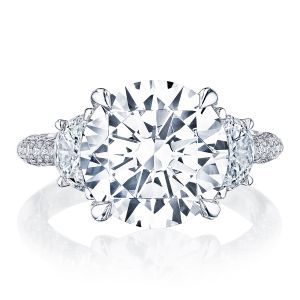 HT2691RD Platinum ring, top view of round brilliant center flanked by half moon side diamonds