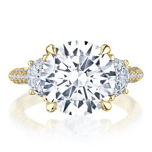 HT2691RD11Y top view, round brilliant center with half moon diamond side stones in yellow gold
