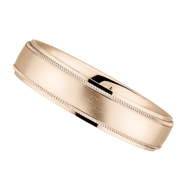 Christian Bauer 274696 14 karat rose gold wedding band, angled view of a satin face edged by fine milgrain beading above polished stepped shoulders