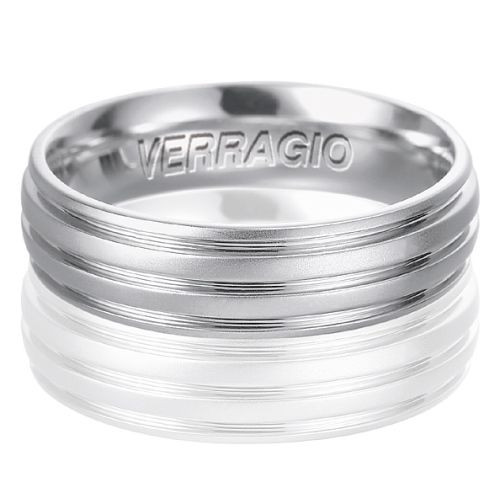 Verragio VW-6014 14K men's wedding band, angled view of the satin surface framed by stepped polished grooves, reflected below