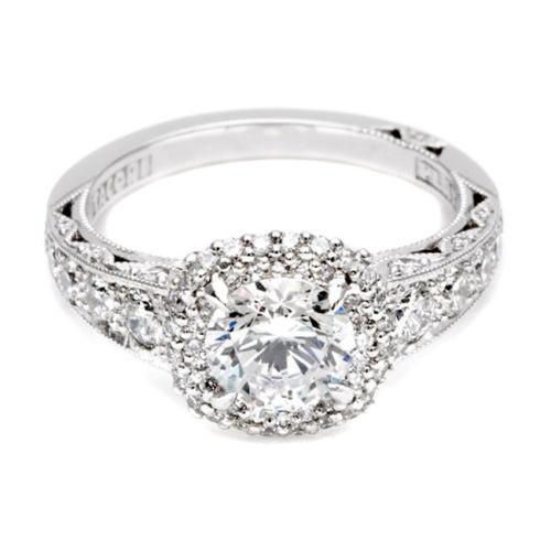 Tacori Crescent HT2516CU65 platinum halo engagement ring, round center, ornate diamond shoulders with milgrain, angled view