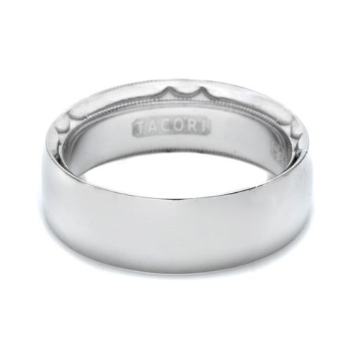 Tacori Crescent 677YS platinum wide polished wedding band with scalloped milgrain inner edge, angled view