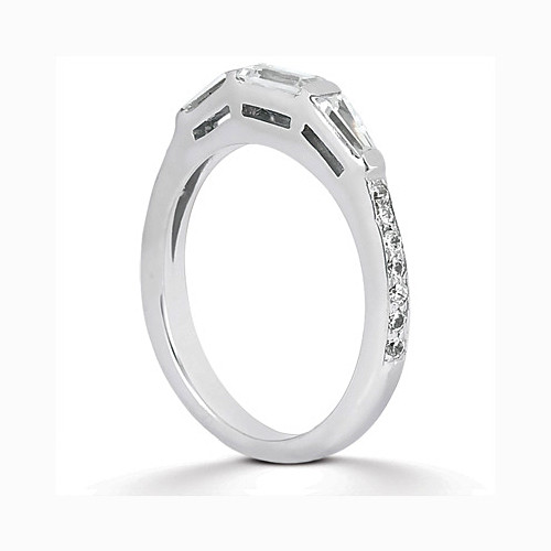 Taryn Collection ENS1100B platinum wedding band, profile view of bar set baguettes across the top over pave rounds down the shoulder