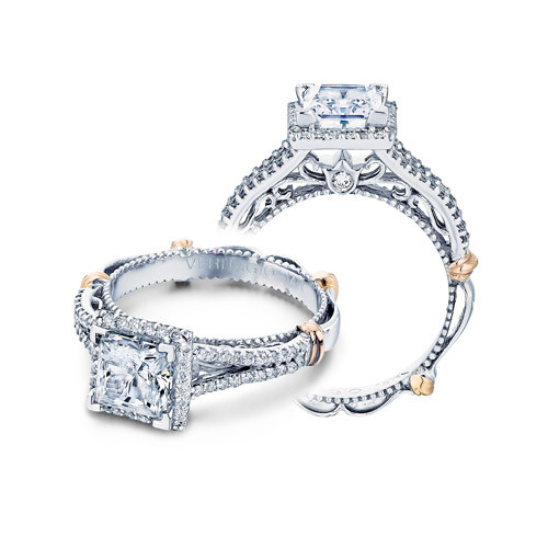 Verragio Parisian-107P 18 Karat engagement ring, two views of the princess centre in square halo with rose gold shank accents