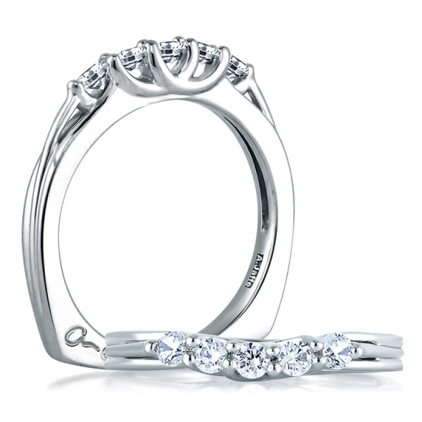 A.JAFFE MRS225/35 Platinum diamond wedding ring, paired views of five prong set rounds raised above open cut through shoulders