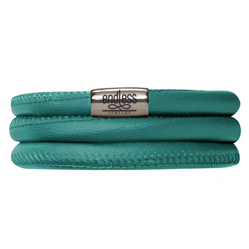 Endless Jewelry Green Bayou Triple Bracelet Silver Lock 12118, front view of the teal stitched leather wrapped in three coils with a polished clasp