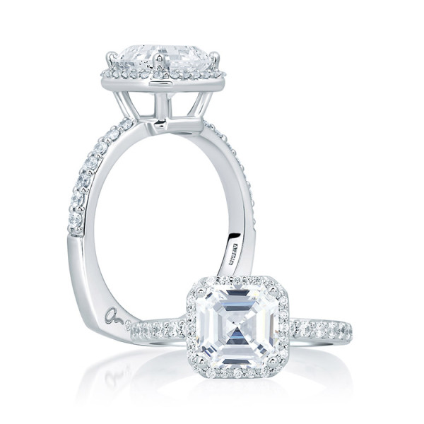 A.JAFFE MES639/229 18 Karat engagement ring, profile and front views of a square step cut center in a slim halo above pave shoulders