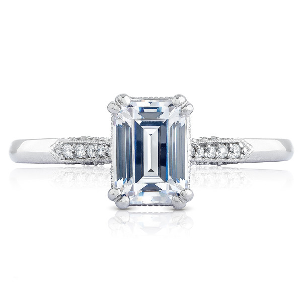 Simply Tacori 2651EC7X5 18 karat white gold engagement ring, emerald cut center stone with pave shoulder accents on slim band, front upright