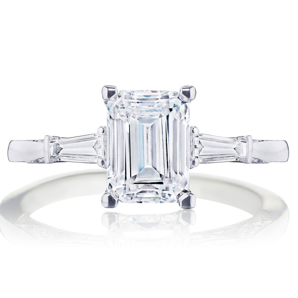 Simply Tacori 2669EC75X55W 18 karat white gold three-stone engagement ring with emerald cut center and tapered baguette sides, front upright