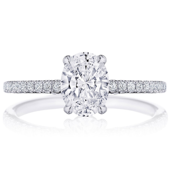 Simply Tacori 267015OV8X6 platinum engagement ring with oval center on a pave band, front upright