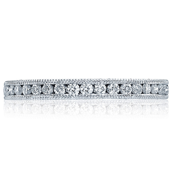 Tacori HT2521B12X 18 karat white gold wedding band, channel set round diamonds, milgrain edges, shown front upright