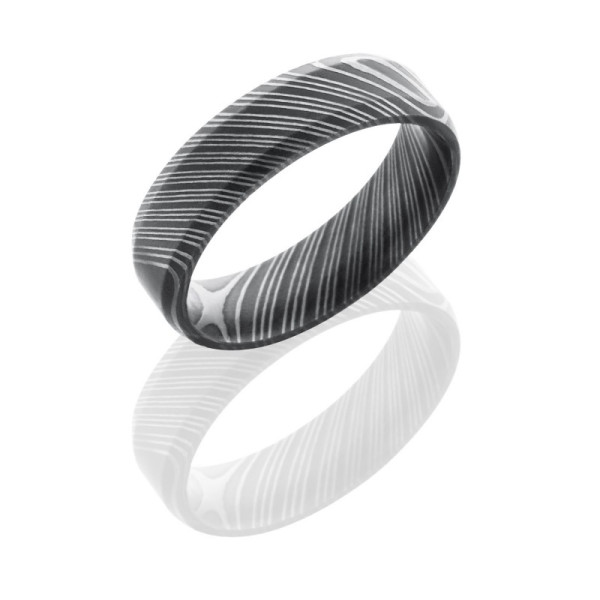 Lashbrook D7B damascus steel wedding band, angled view of a domed face striped with tight dark and light twisted grain layering