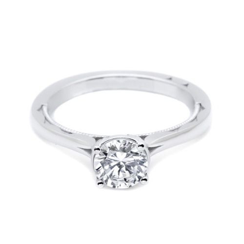 Simply Tacori 50RD6 platinum solitaire engagement ring, round center stone, prong-set, plain shank, front upright
