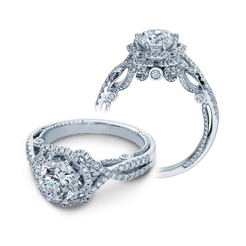 Verragio Insignia-7087R engagement ring, two views of the round centre in a halo above a crossover pave shank