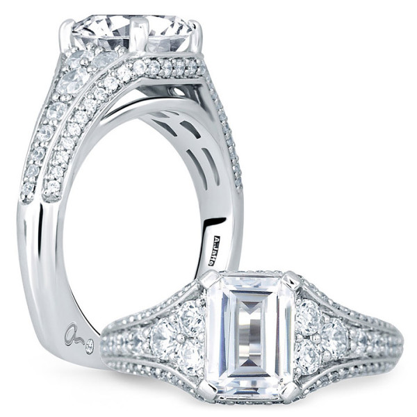 A.JAFFE MES693/272 14 Karat engagement ring, profile and top views of an emerald center flanked by graduated stones over pave rows