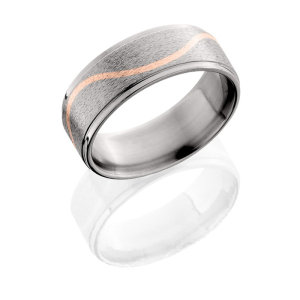 Lashbrook 8RCMLW/14KR titanium wedding band, angled view of a stone finished flat face crossed by a wavy rose gold inlay line