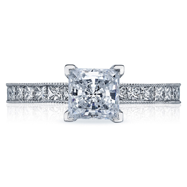 Tacori Sculpted Crescent 45-25PR6 platinum engagement ring, princess cut center stone, channel set princess side stones, front upright