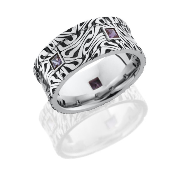 Lashbrook CC10F5SEG/LCVESCHER15XALEX cobalt chrome wedding band, angled view of a flat swirled black and silver carved pattern with square flush set purple stones