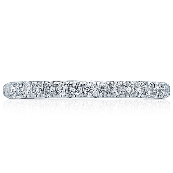 Tacori Classic Crescent HT2545B platinum wedding band set with a row of round diamonds, shown front upright