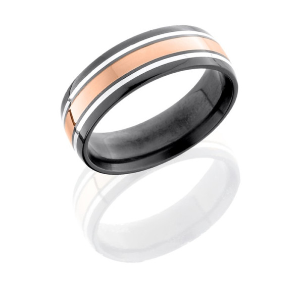 Lashbrook BZ-7HR12G(2).5G-RGC-SSS zirconium wedding band, angled view of a rose gold center stripe flanked by twin silver pinstripes on a black dome
