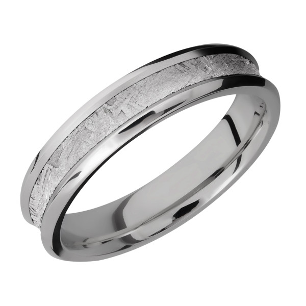 Lashbrook 5CB13/METEORITE titanium wedding band, angled view of a hollowed concave channel of crosshatched meteorite between rounded mirror polished rails