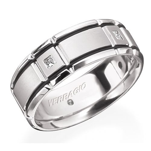 Verragio RUD-8904 wedding band, angled view of satin panels with grooved rails and two flush set square accents