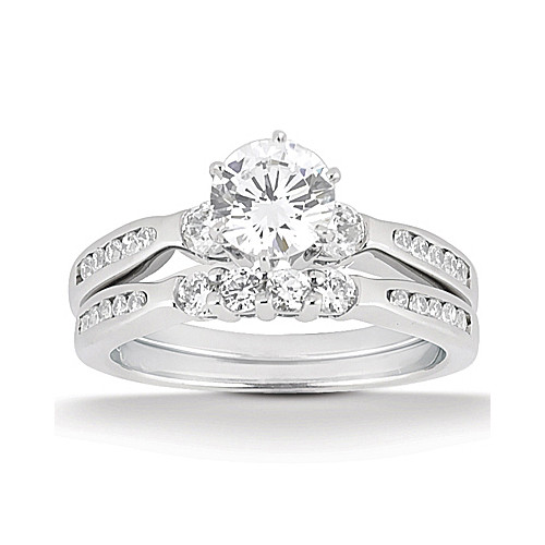 Taryn Collection ENS1158A 14 karat diamond engagement ring, front view of the round center over channel set shoulders, shown with a curved prong set band