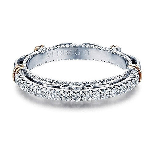 Verragio Parisian-121W 14 Karat wedding band, angled view of the pave rows with rope rails and rose gold ties