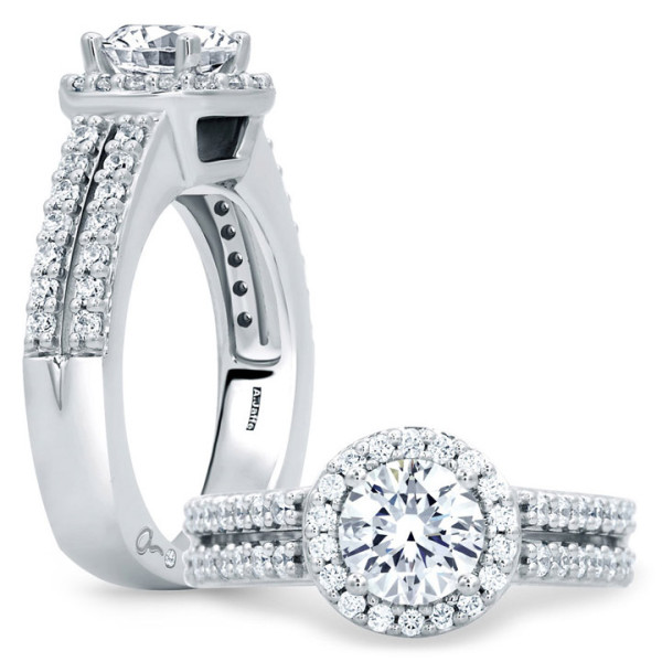 A.JAFFE MES687/152 14 Karat engagement ring, profile and top views of a round center in a single pave halo above twin pave rows