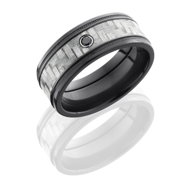 Lashbrook ZC9FGEW2MIL14-SilverCFBLKDIA.05B zirconium and carbon fiber wedding band, angled view of a woven silver carbon fiber inlay holding one black flush set stone between milgrain rails