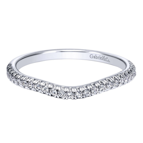 Gabriel & Co. WB10143W44JJ 14 karat white gold Contemporary wedding band, front view of a shallow contour dip with closely set rounds in scalloped prong seats