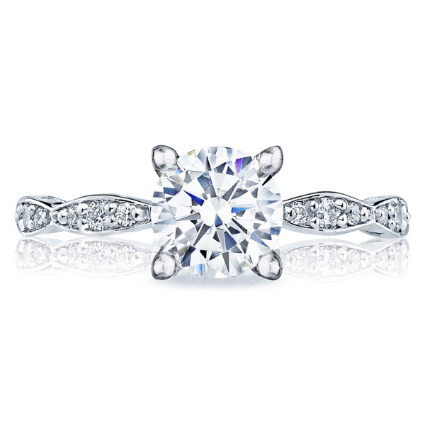Tacori Sculpted Crescent 46-2RD65 platinum engagement ring, round center stone, scalloped pave band, shown front upright