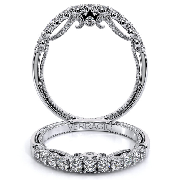 Verragio Insignia 7097W 18 Karat wedding band, two views showing the prong set diamond row and scrolled gallery with bezel accent