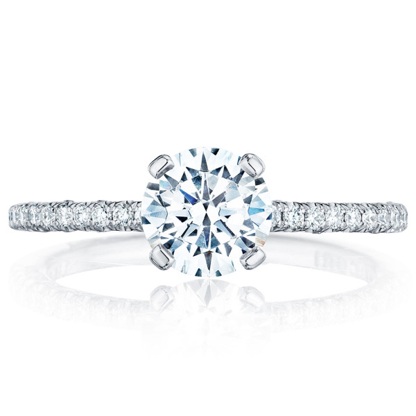 Tacori Petite Crescent HT254515RD65 platinum engagement ring with four prong round center and thin pave band, front upright