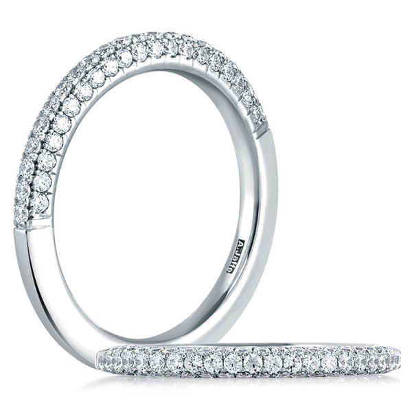 A.JAFFE MR1534/50 Platinum diamond wedding ring, two views of three pave rows wrapping a domed face, stones shrinking toward the edges