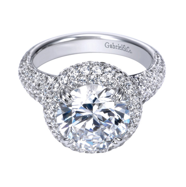 Gabriel & Co. ER8309W83JJ 18 karat white gold Contemporary engagement ring, front view of the round center in a deep dome of micropave forming the halo
