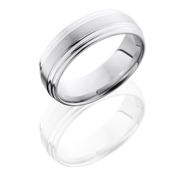 Lashbrook CC7FGG cobalt chrome wedding band, angled view of a domed satin center framed by twin polished grooves along each rounded edge