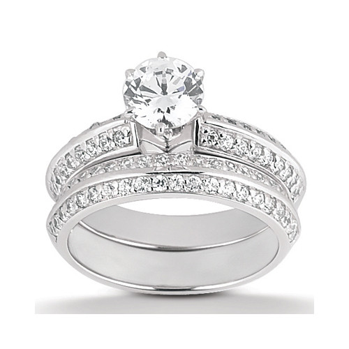 Taryn Collection ENS1293A 14 karat diamond engagement ring, front view of the round center above pave lining both edges, shown with a matching band