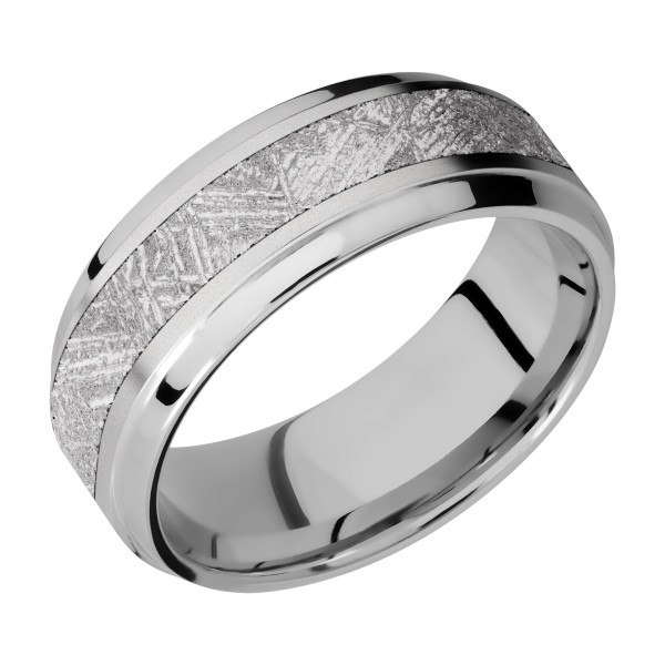Lashbrook 8B14(NS)/METEORITE titanium wedding band, angled view of a crosshatched meteorite center inlay between bead blasted flats and polished bevelled edges
