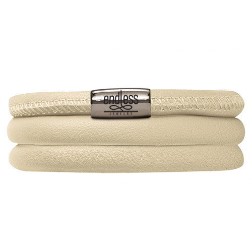 Endless Jewelry Nude Triple Bracelet Silver Lock 12112, front view of the cream leather triple wrap with a polished tube clasp