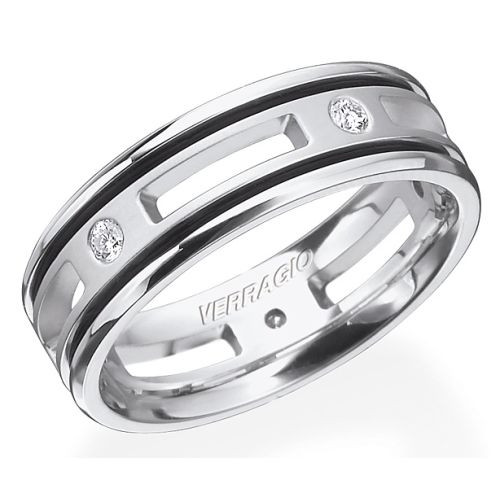 Verragio RUD-7904 Platinum wedding band, angled view of the grooved surface with rectangular openings and two bezel set diamonds
