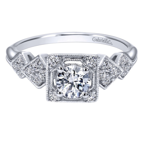 Gabriel & Co. ER911780R2W44JJ 14 karat white gold Victorian engagement ring, front view of a round center in a squared milgrain halo with kite shaped shoulder plaques